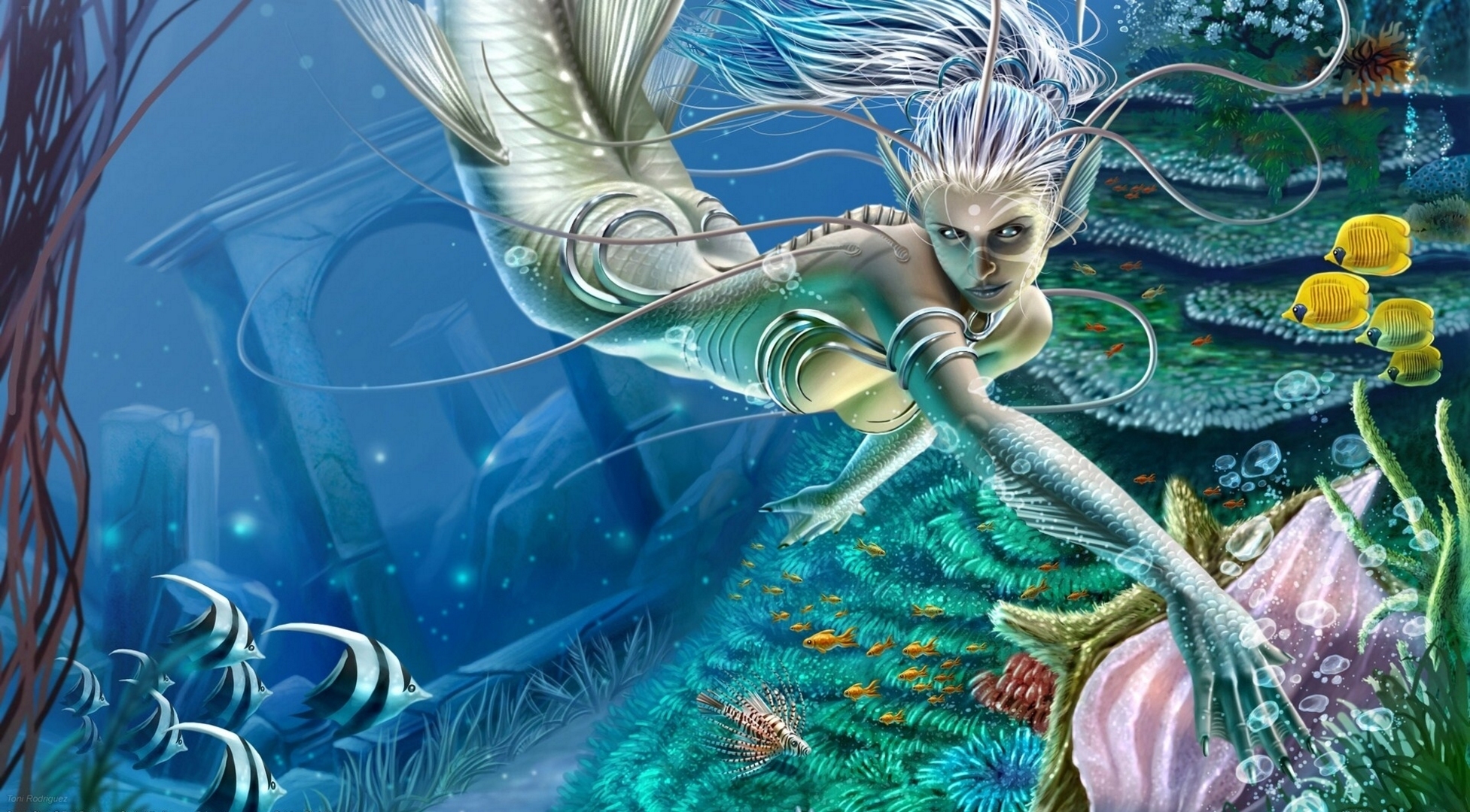 Mermaid Underwater World Fish Fantasy Wallpaper