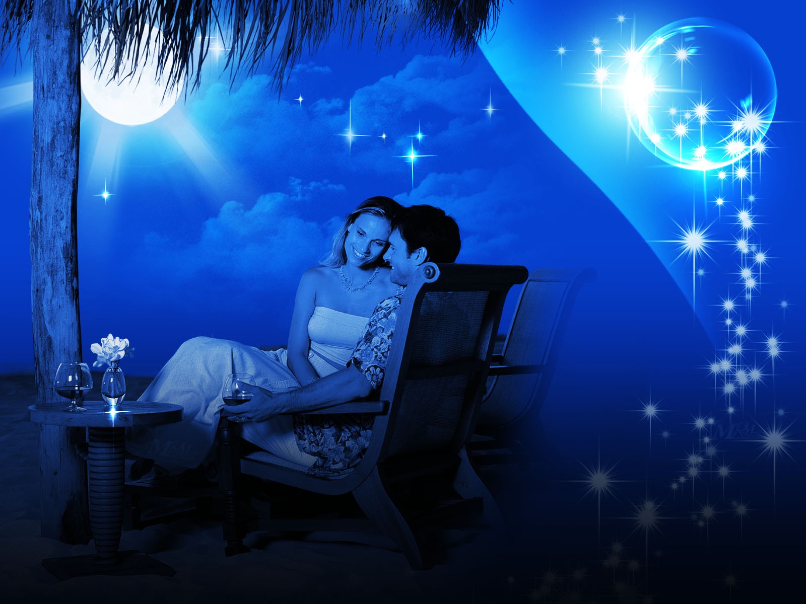A romantic couple enjoys a moonlit night on a tropical beach, surrounded by sparkling lights and a dreamy atmosphere