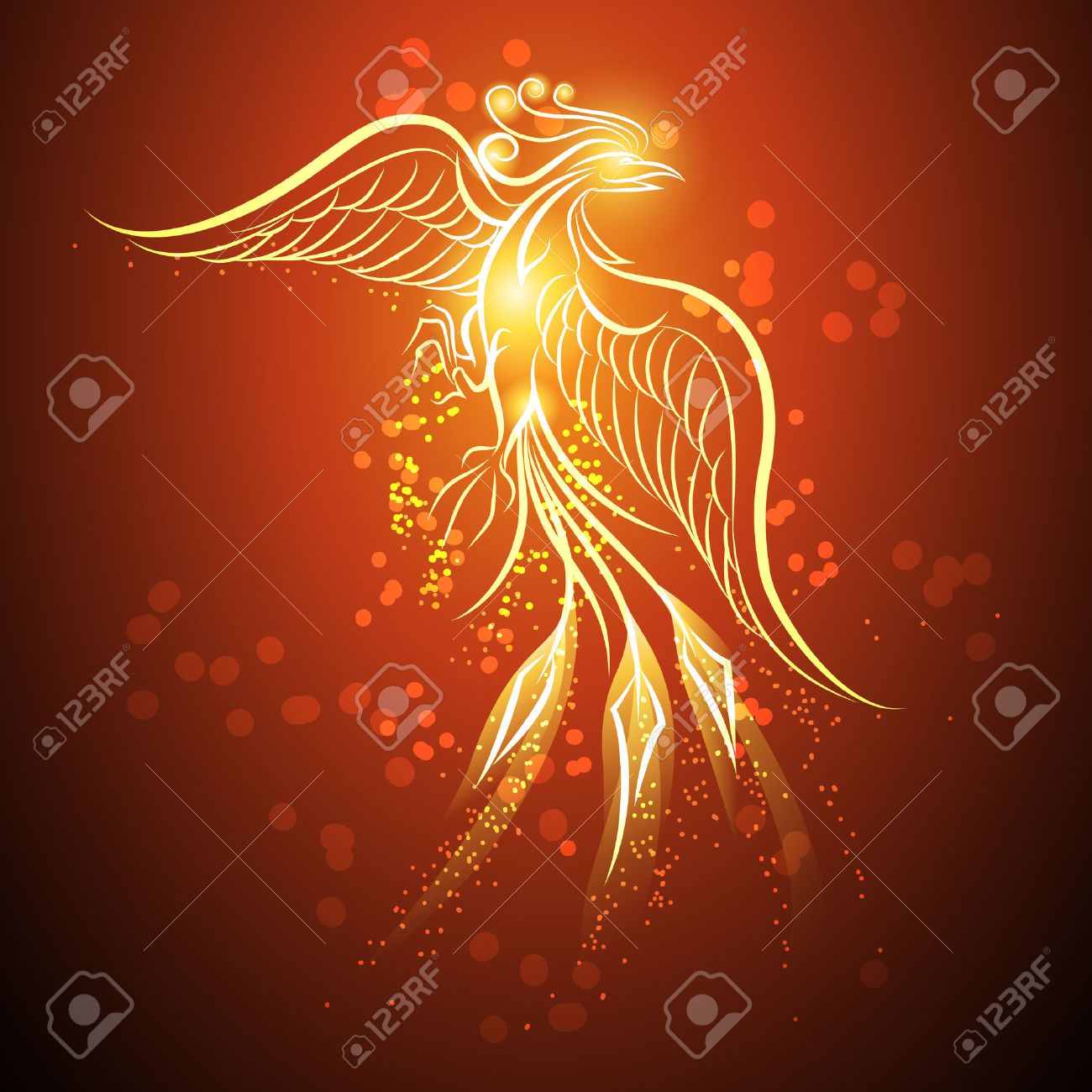 Illustration Of Rising Phoenix Against Red Dark Background As