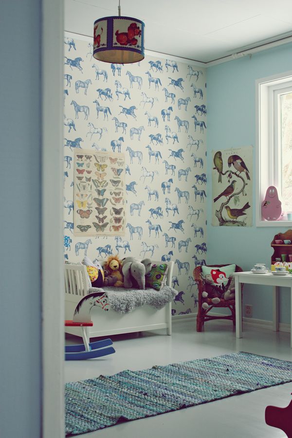 Blue Vintage Kids Room Horse Wallpaper Decor
