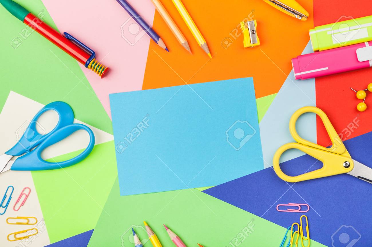 Art And Craft Supplies On Colorful Paper Background Stock Photo