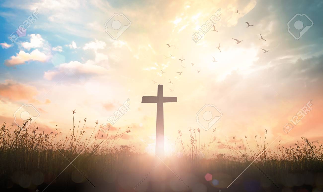 Good Friday Concept The Cross On Meadow Sunrise Background Stock