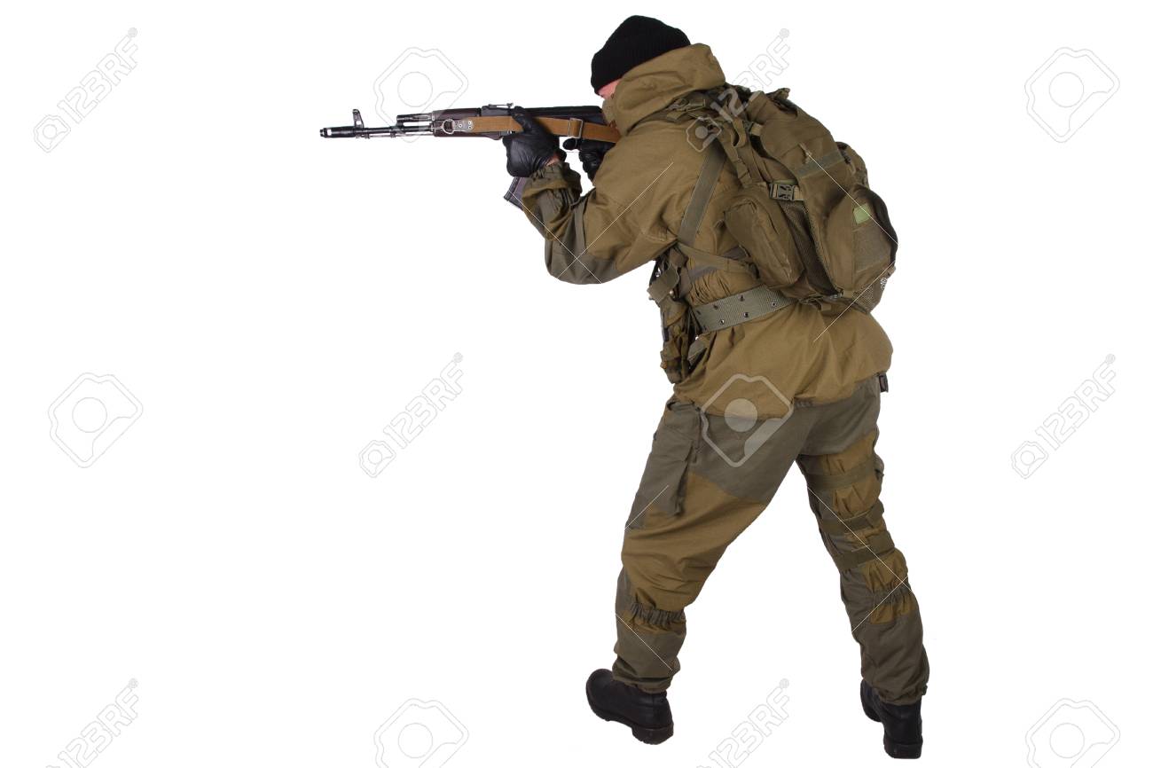 Mercenary With Rifle Isolated On White Background Stock Photo