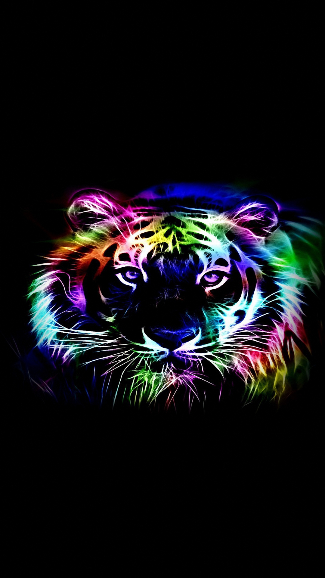 A vibrant, neon-colored tiger against a black background, perfect for a cool phone wallpaper