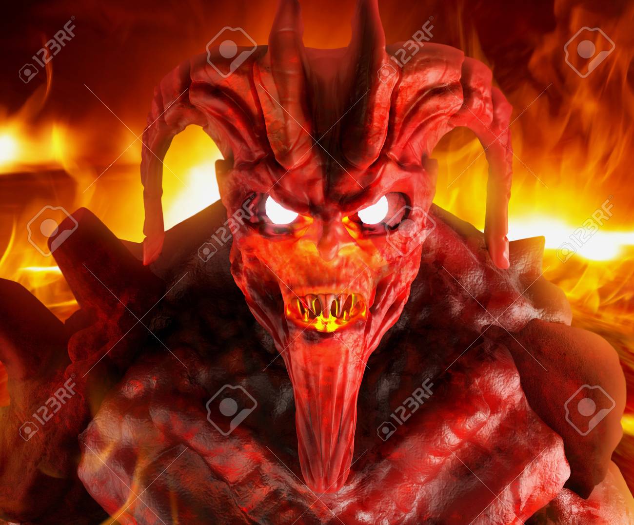 Artwork Of A Hellish Demon Creature Face With Glowing Eyes Close