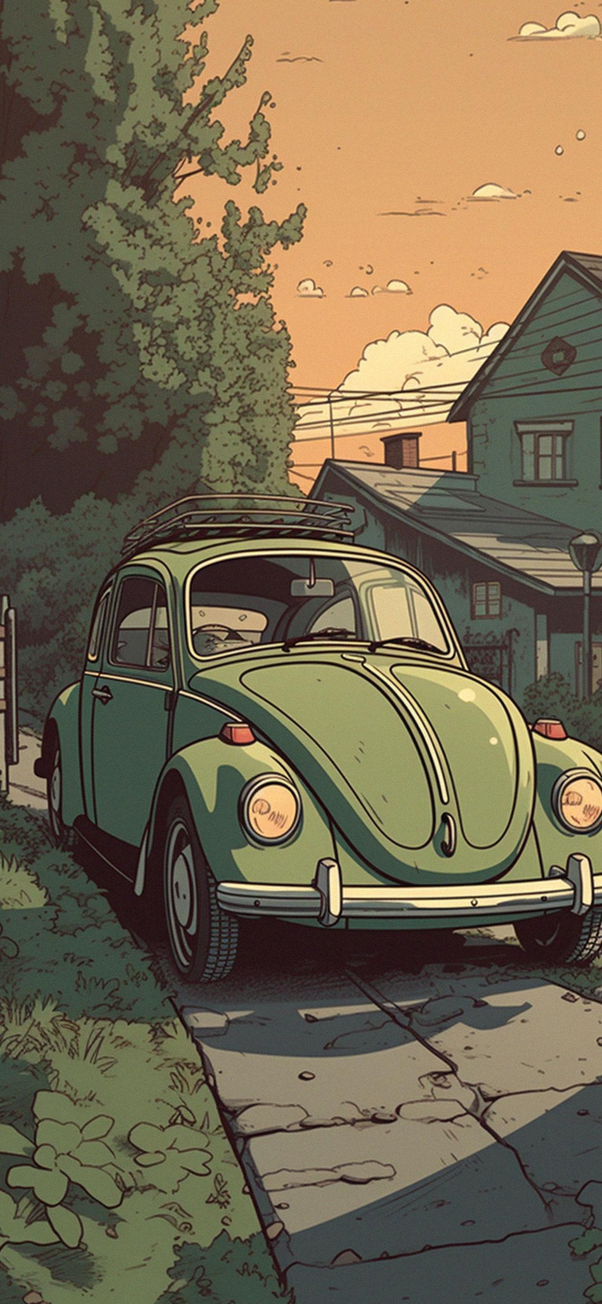 Volkswagen Beetle On Garden Wallpaper