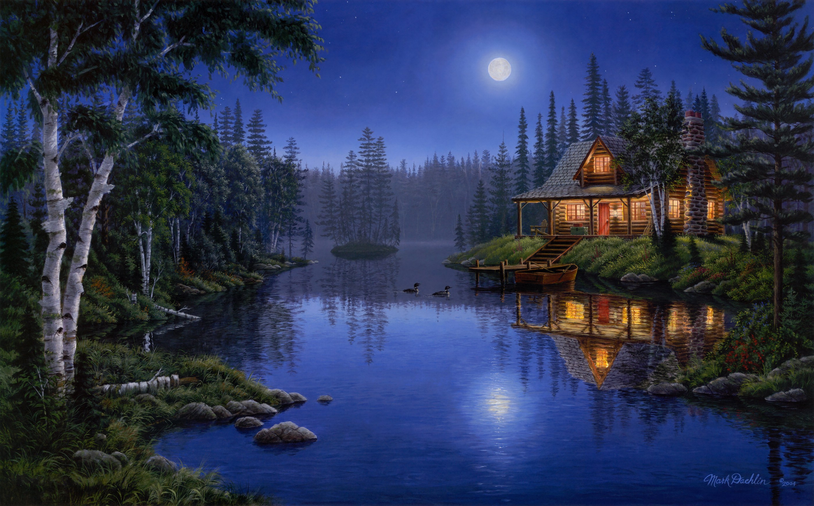 Serenade Mark Daehlin Forest Lake House Night Painting Wallpaper