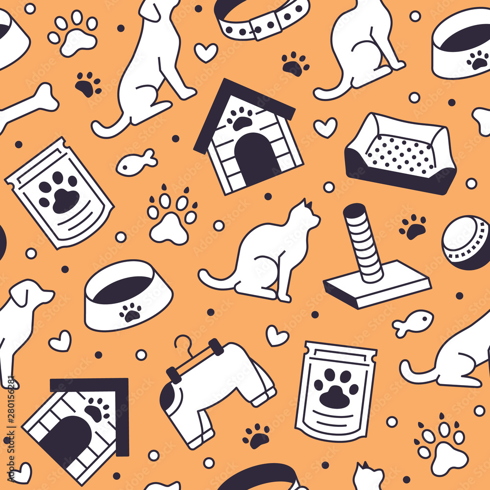 Pet shop vector seamless pattern with flat line icons of dog house