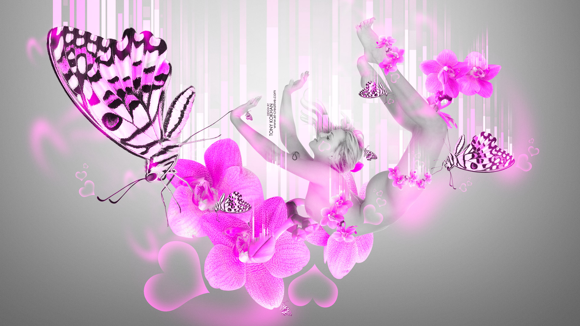 Neon Butterfly And Flower