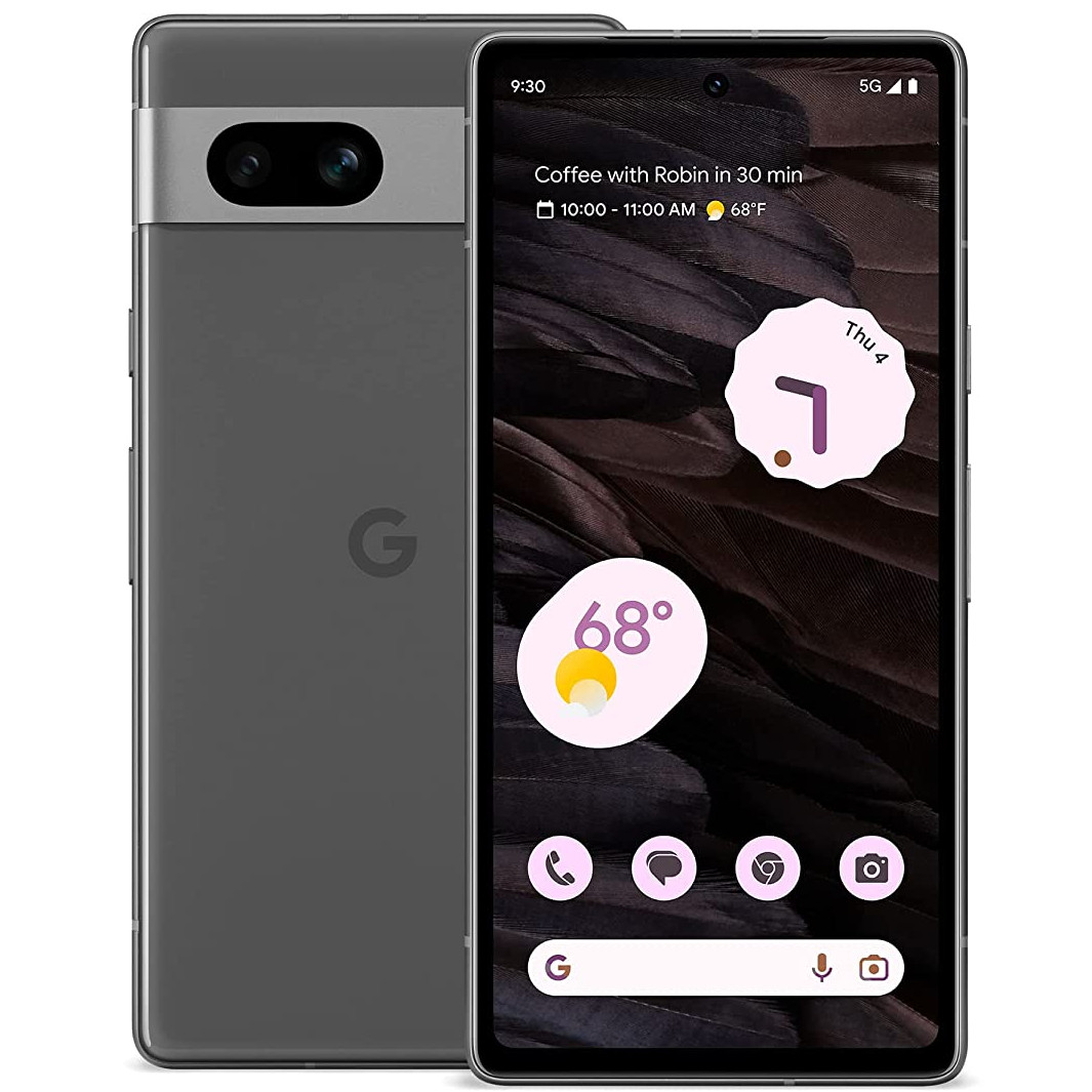 Google Pixel 7 phone displaying its home screen with a dark wallpaper and various icons
