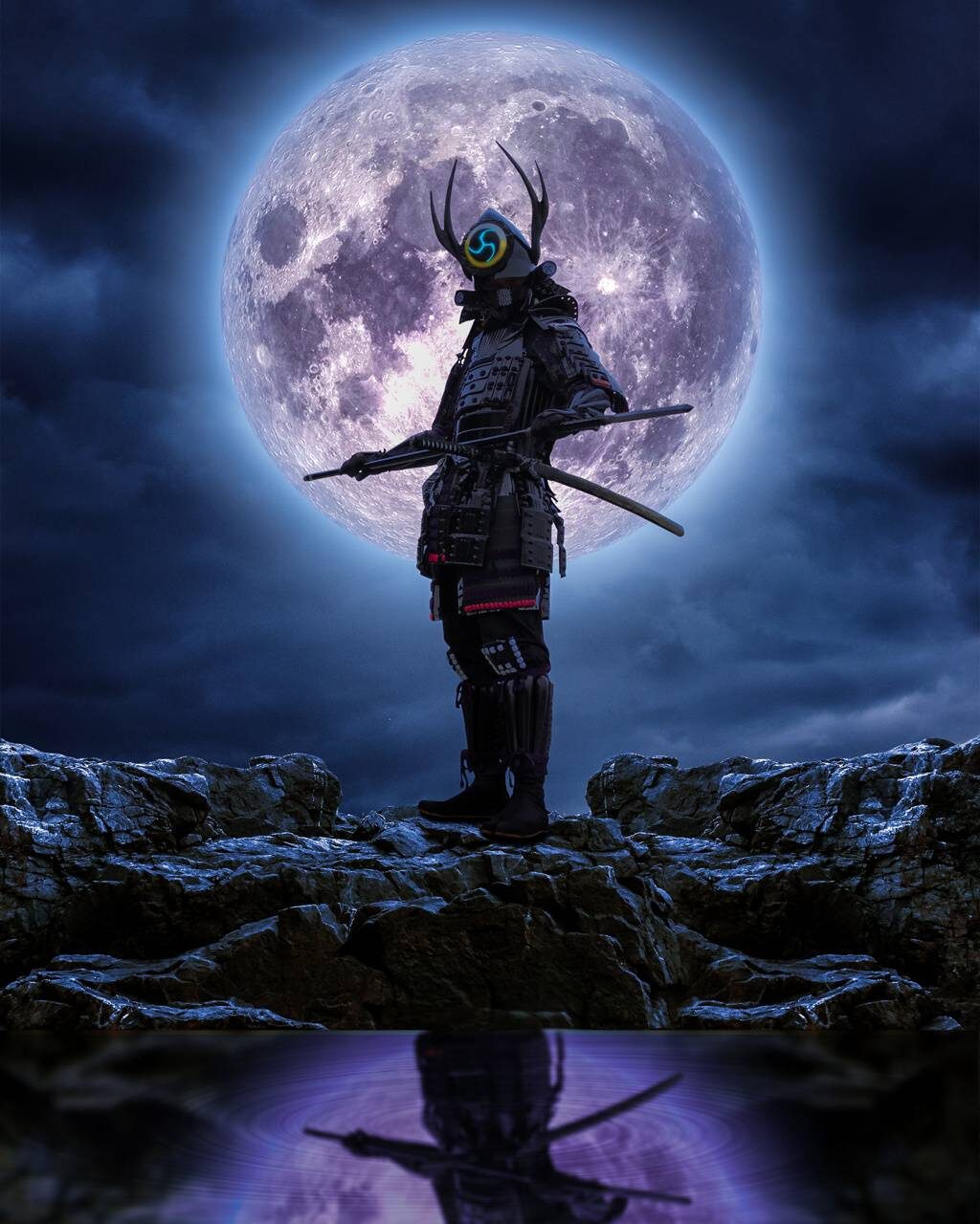 A futuristic samurai stands silhouetted against a large, bright moon, his reflection shimmering in the water below. The samurai wears a dark, ornate suit of armor, and a helmet with glowing blue accents and antler-like protrusions. He holds two swords, ready for battle. The background is a night sky with swirling clouds, and the rocky terrain adds to the dramatic atmosphere