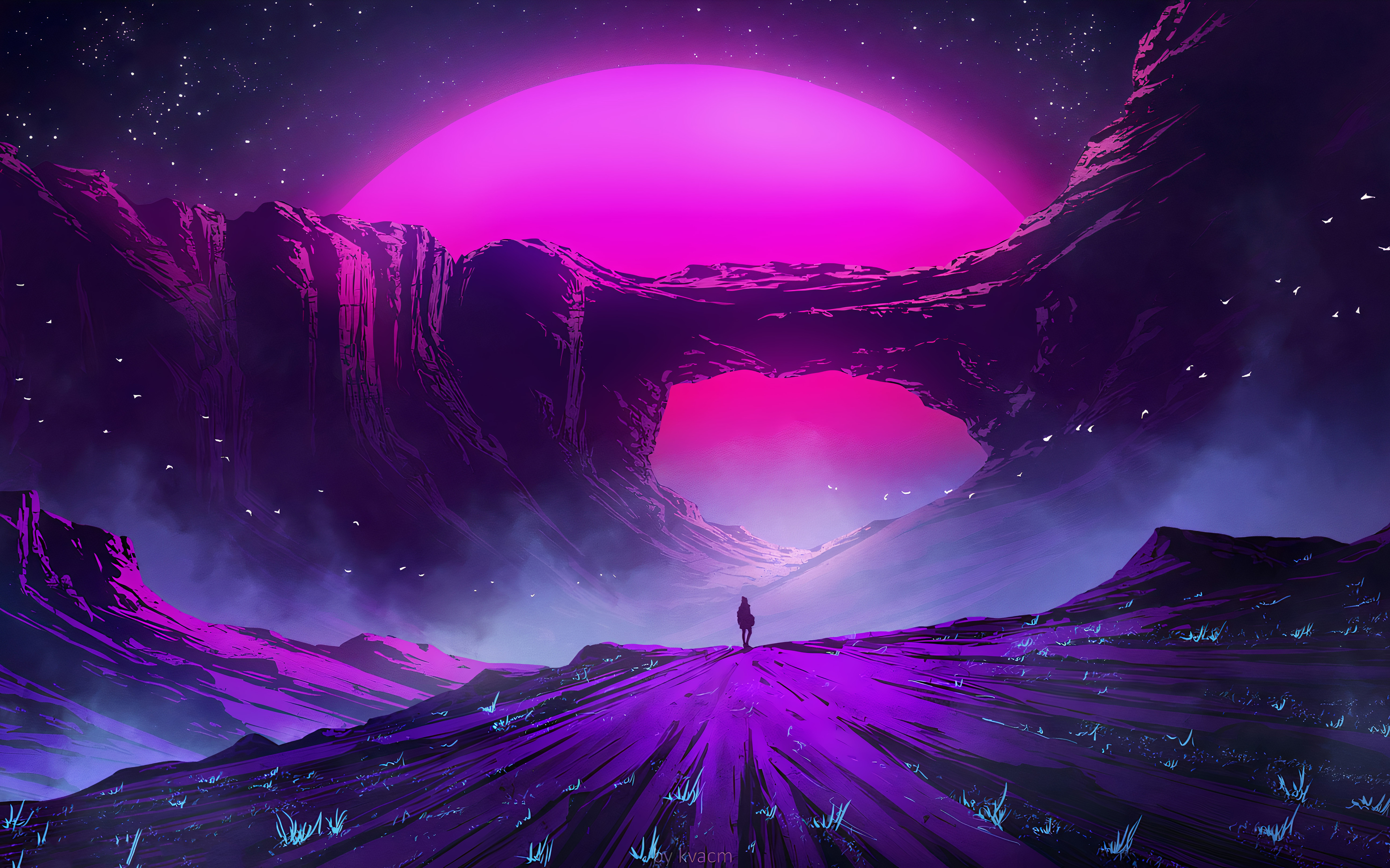 A lone figure walks towards a giant, glowing pink sun setting behind a natural rock arch in a vibrant purple landscape, with small birds flying in the distance. This stunning 5K wallpaper evokes feelings of adventure, solitude, and the vastness of nature