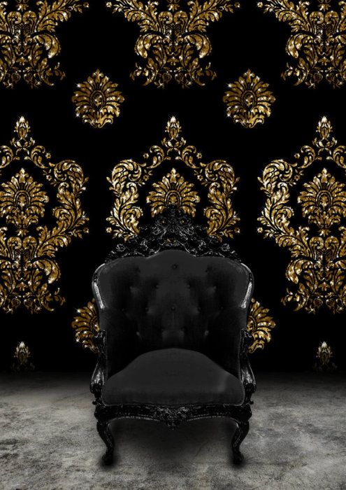 Black Baroque Chair and Black velvet and gold damask wallpaper [zen
