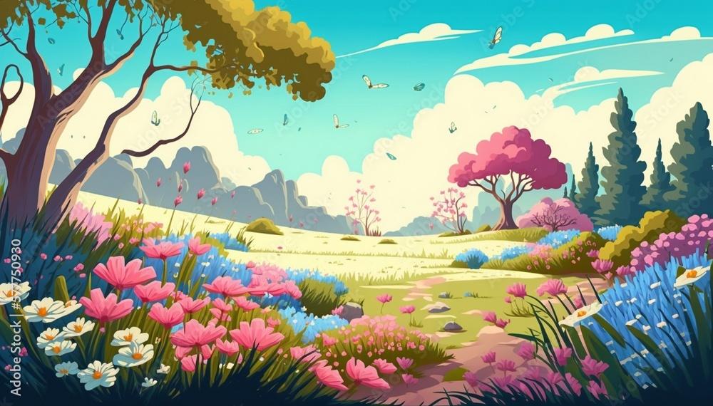 Landscape With Flowers And Trees Nature Wallpaper Illustration Of