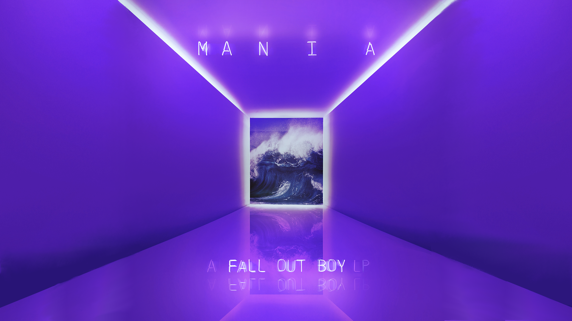 Purple promotional image for Fall Out Boy's album MANIA, featuring a large wave