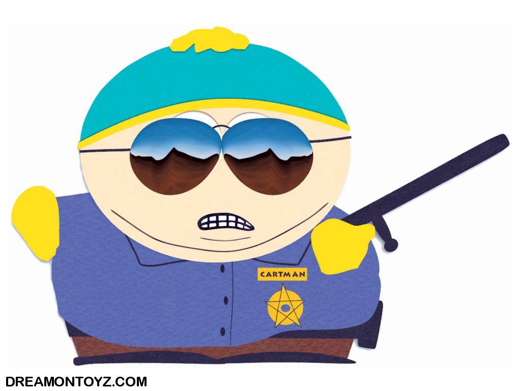 Police Officer Eric Cartman wearing mirrored sun glasses holding a