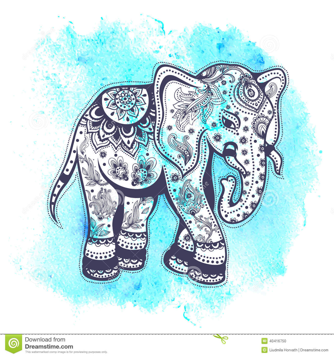 Vintage Elephant Illustration With Blue Watercolor Background