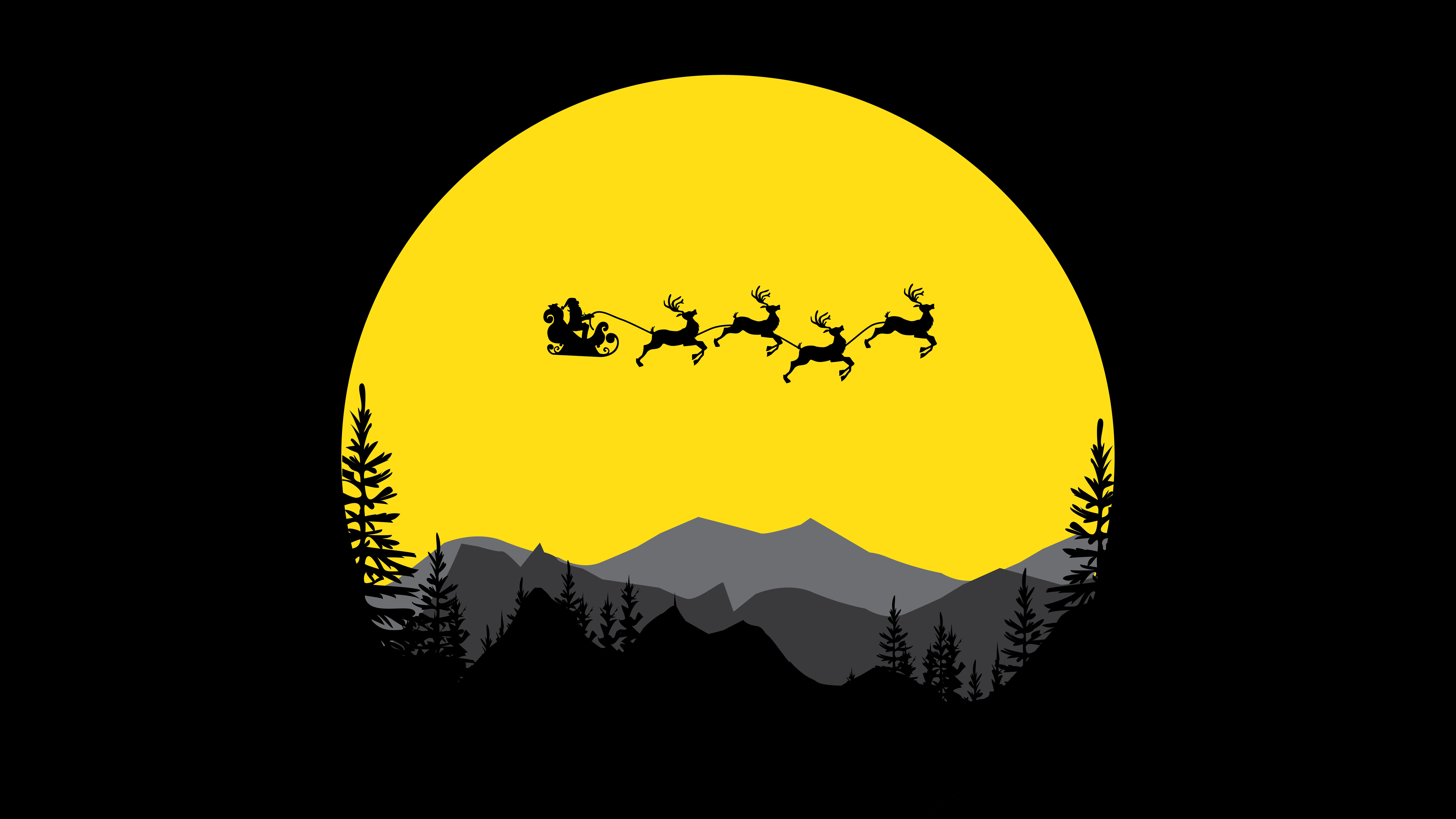 Black Minimalist Reindeer Silhouette Sleigh Santa Holiday Wallpaper