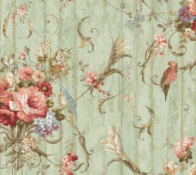 Wallpaper Designer French Scroll Floral Bouquet Birds On Crackle Ba