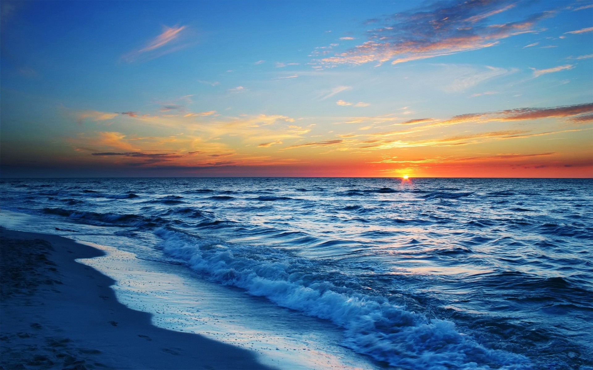 Sunset Ocean Beach Sea Waves Wallpaper