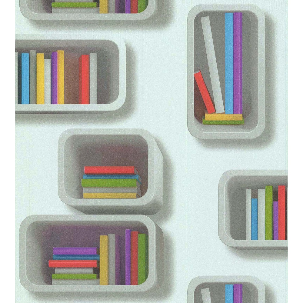 Galerie White Bookcase Books Shelf Pattern Textured Wallpaper