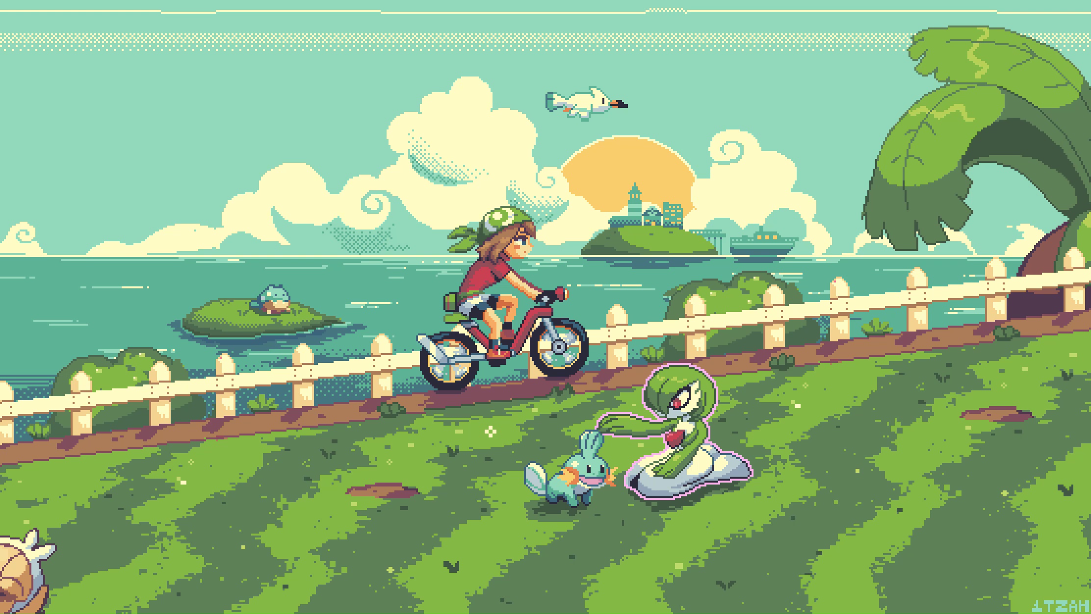 Pixel art of a Pokémon trainer riding a bike along a coastline path, with Gardevoir and Mudkip interacting in the foreground, and a tropical island in the background