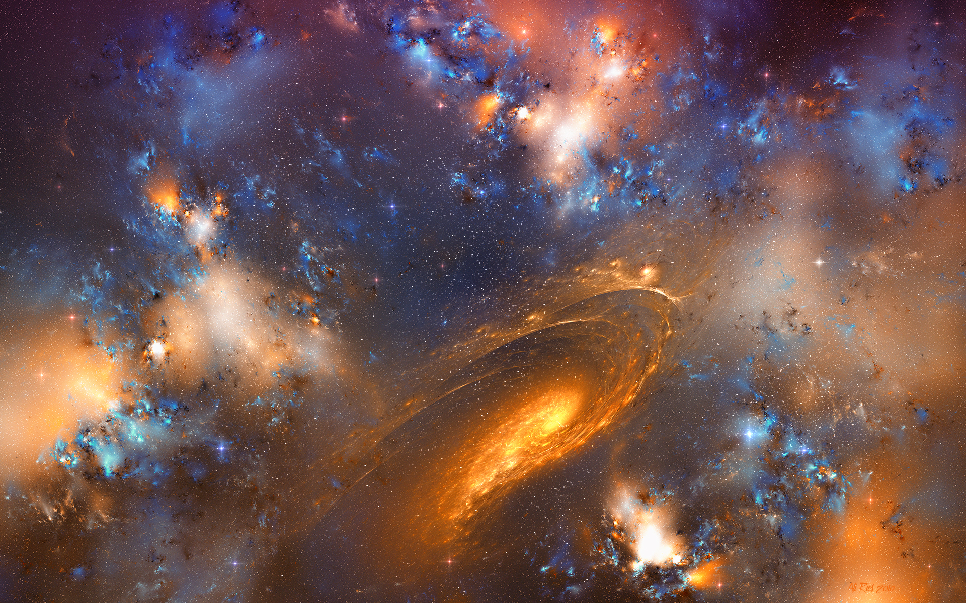 A swirling orange galaxy amidst a backdrop of blue nebulae. Perfect for a space-themed wallpaper