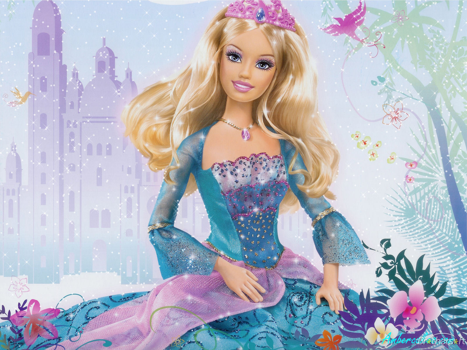 Barbie as a princess in a sparkly blue and pink gown, set against a backdrop of a castle and tropical foliage