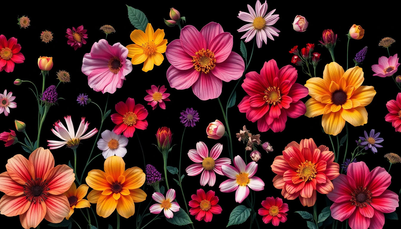 Flowers On Black Background Wallpaper
