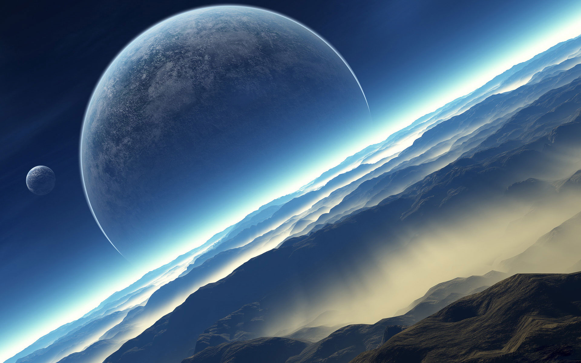 A breathtaking view of a planet's mountainous terrain with a large, textured planet and a smaller moon in the background, set against the backdrop of a vibrant blue sky