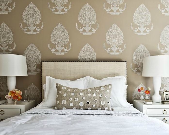 Large Scale Pattern Wallpaper Bedroom With Natural Linen Headboard