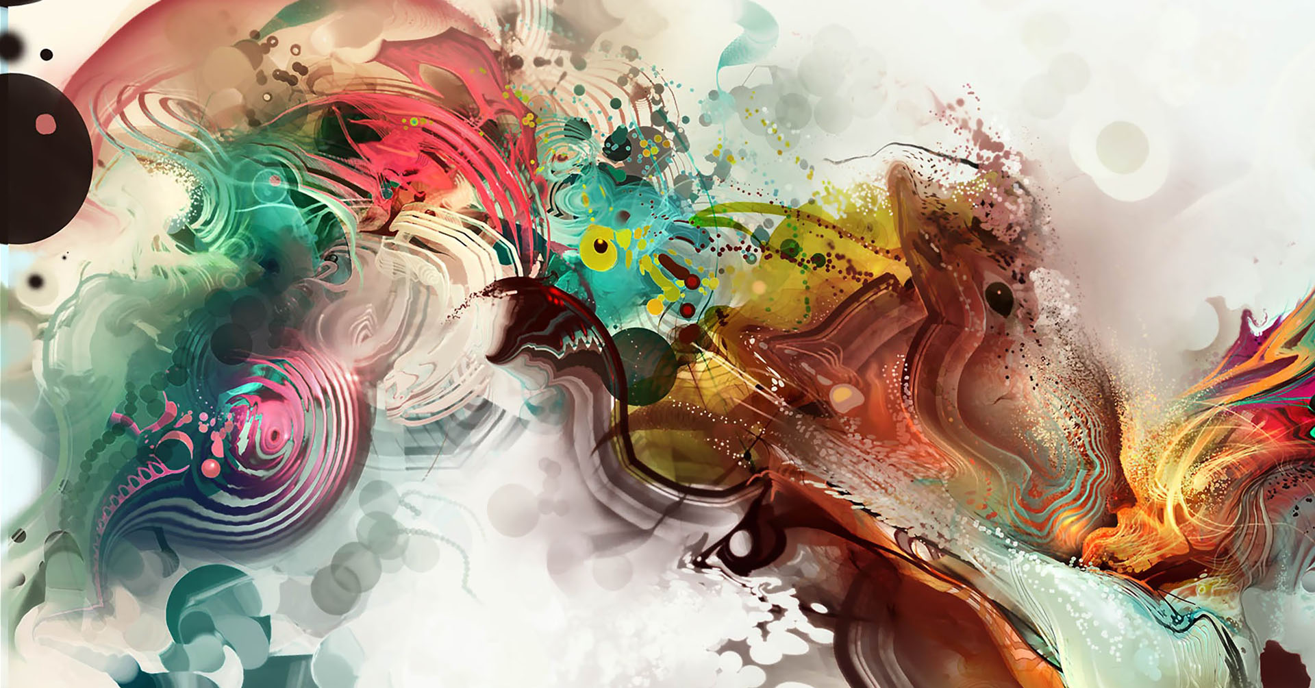 A vibrant and dynamic abstract computer background with swirling colors and fluid shapes