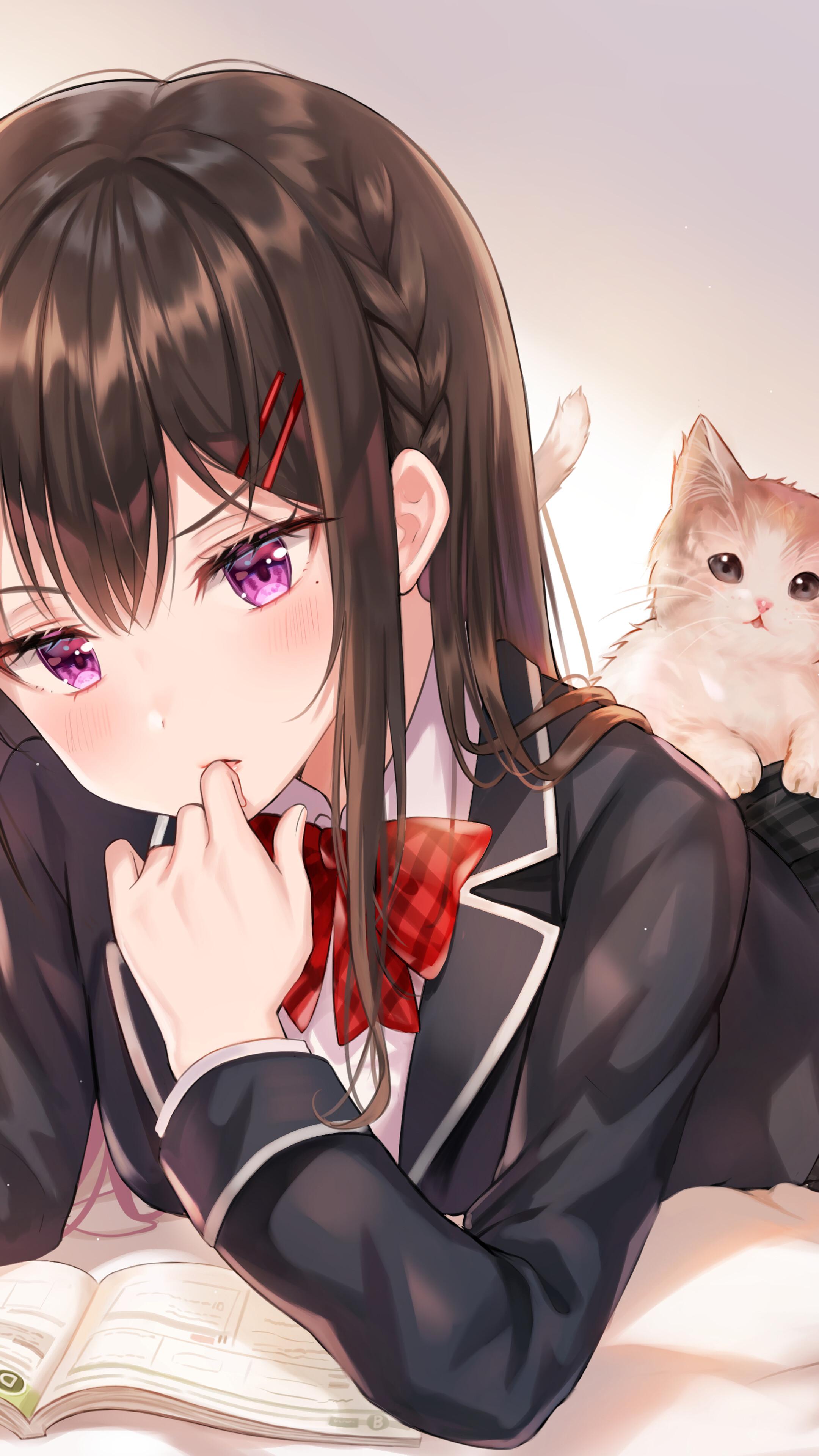 Anime Girl Studying Student Uniform Cute Cat 4k