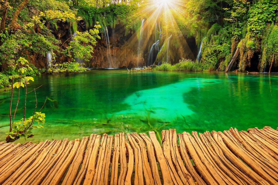 Croatia Parks Lake Waterfall Plitvice Rays of light Nature garden