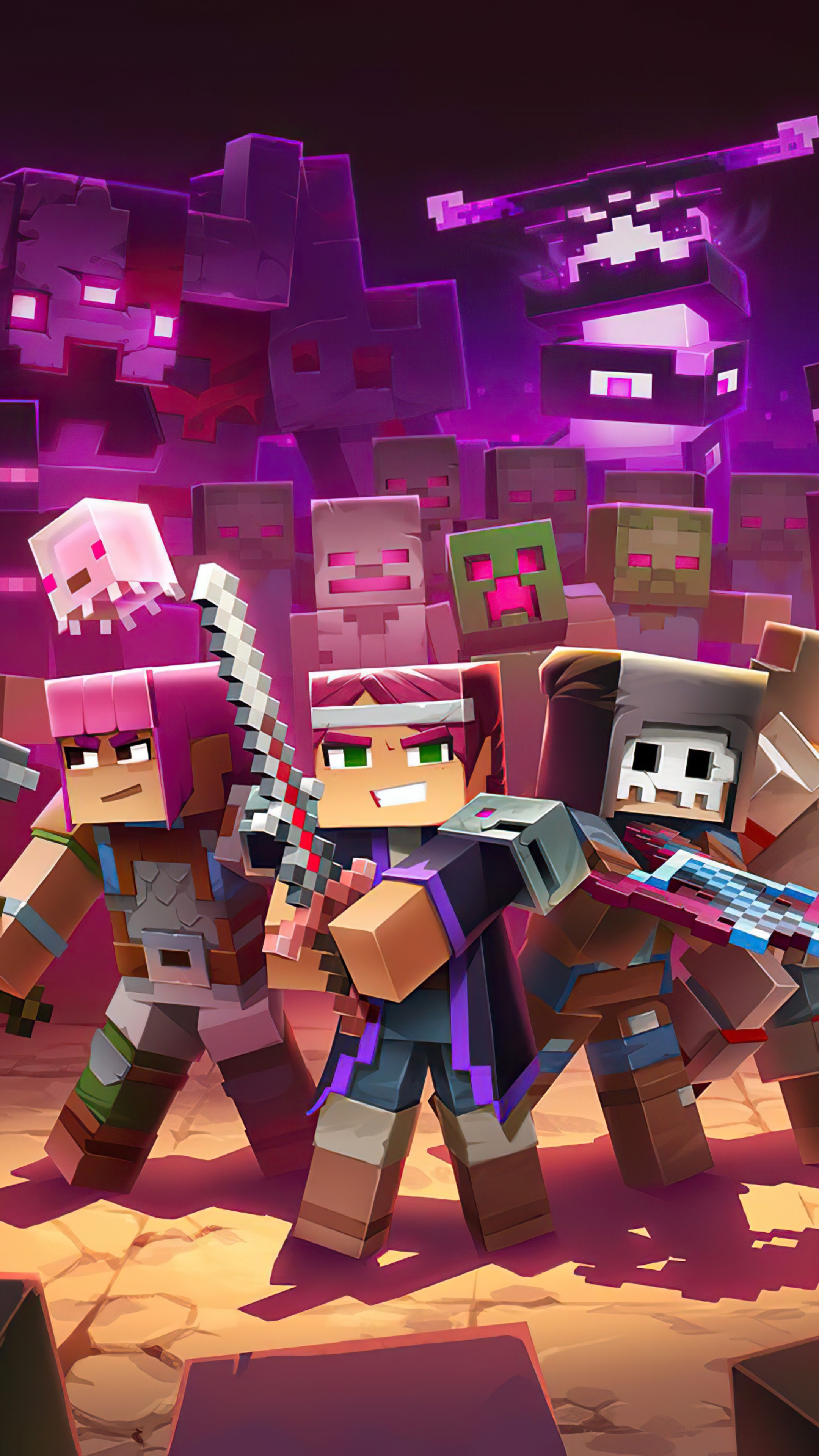 Three Minecraft Dungeons characters bravely facing a horde of purple Minecraft mobs in a dark setting
