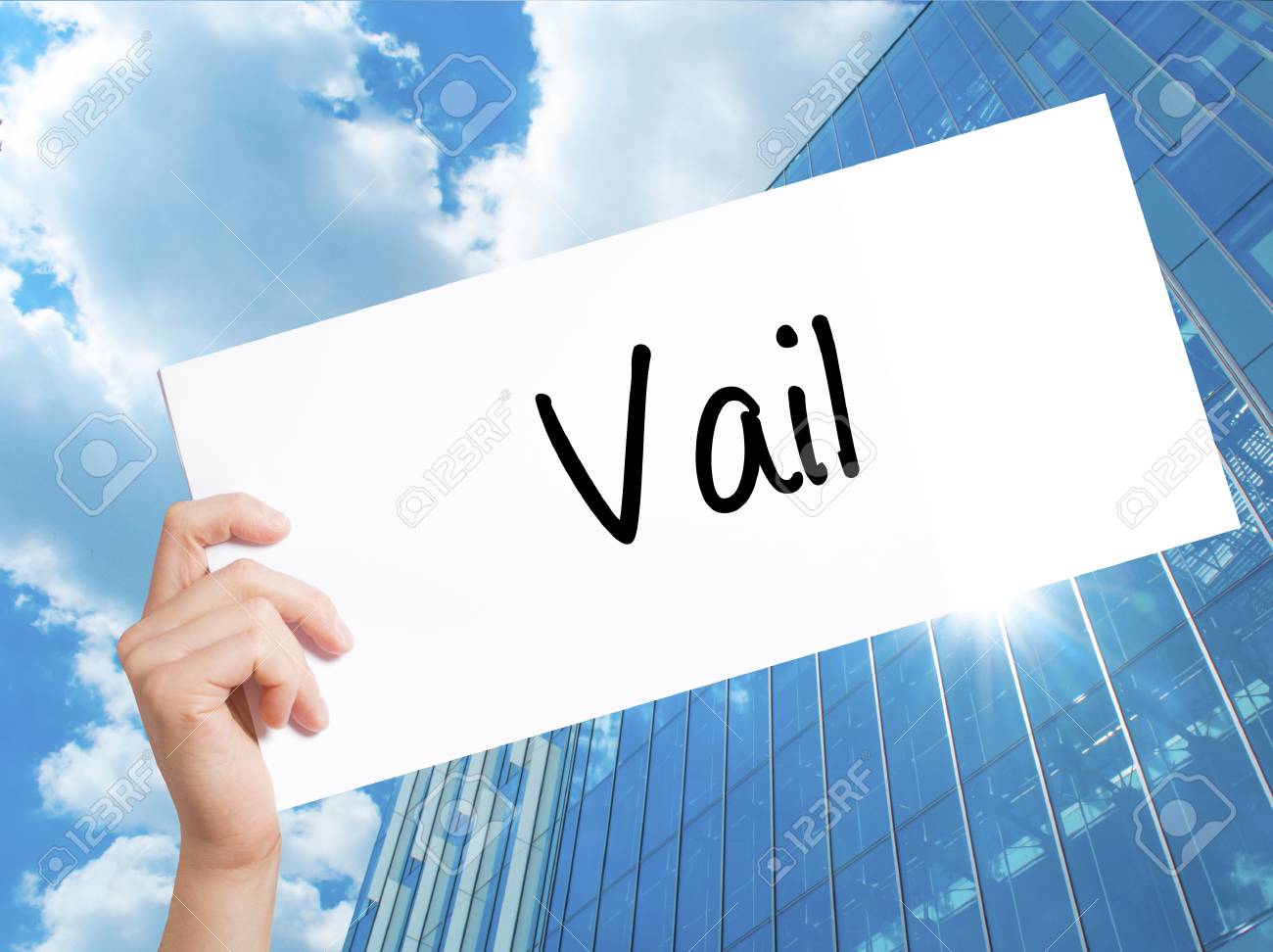 Vail Sign On White Paper Man Hand Holding With Text