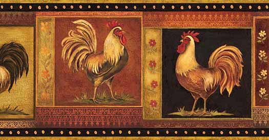 Wallpaper Border Country Roosters Red Stars on Tan Crackle Black Tan Check Trim 