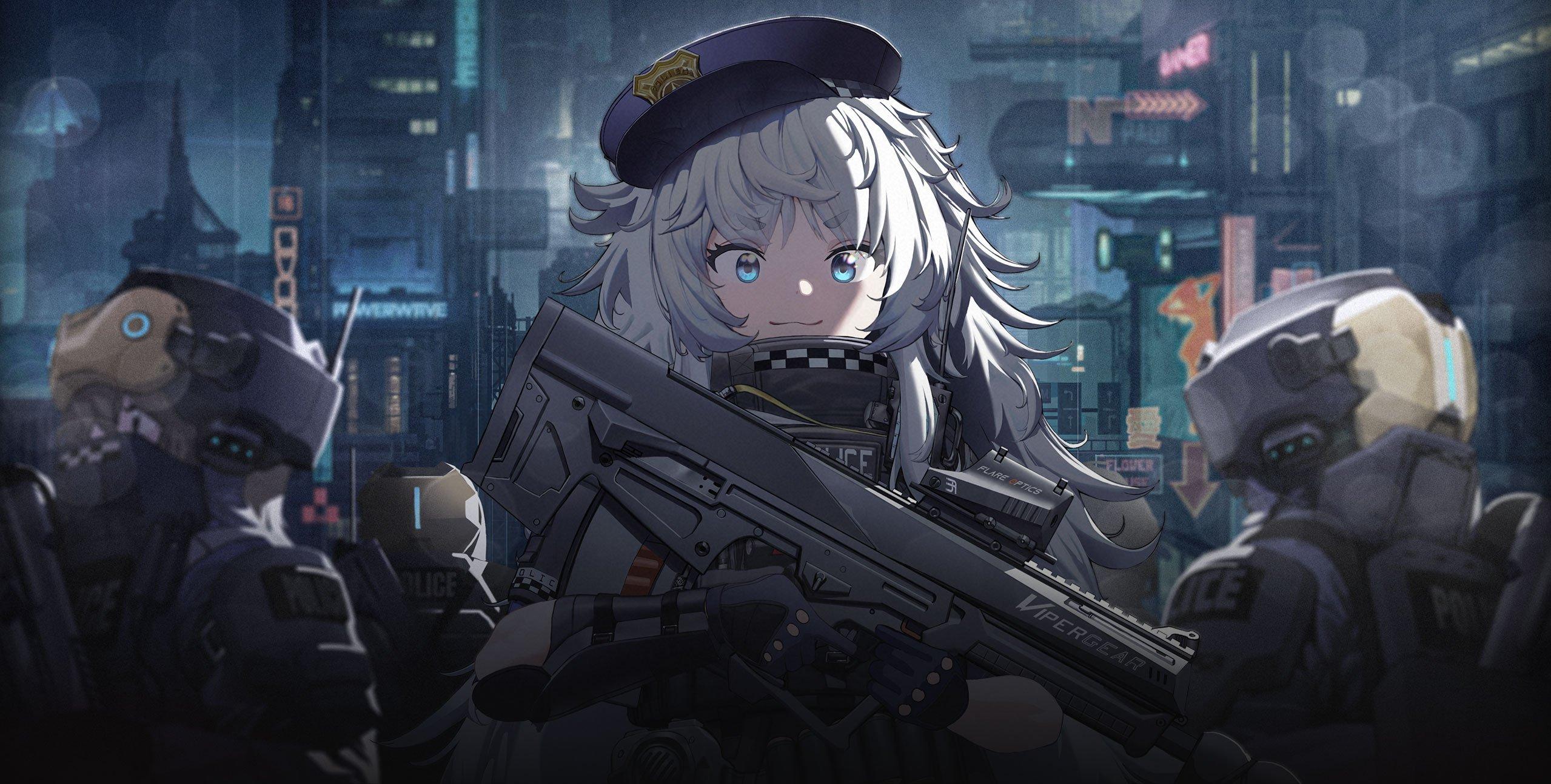Anime Girls Cyberpunk Gun Police Night White Hair Weapon
