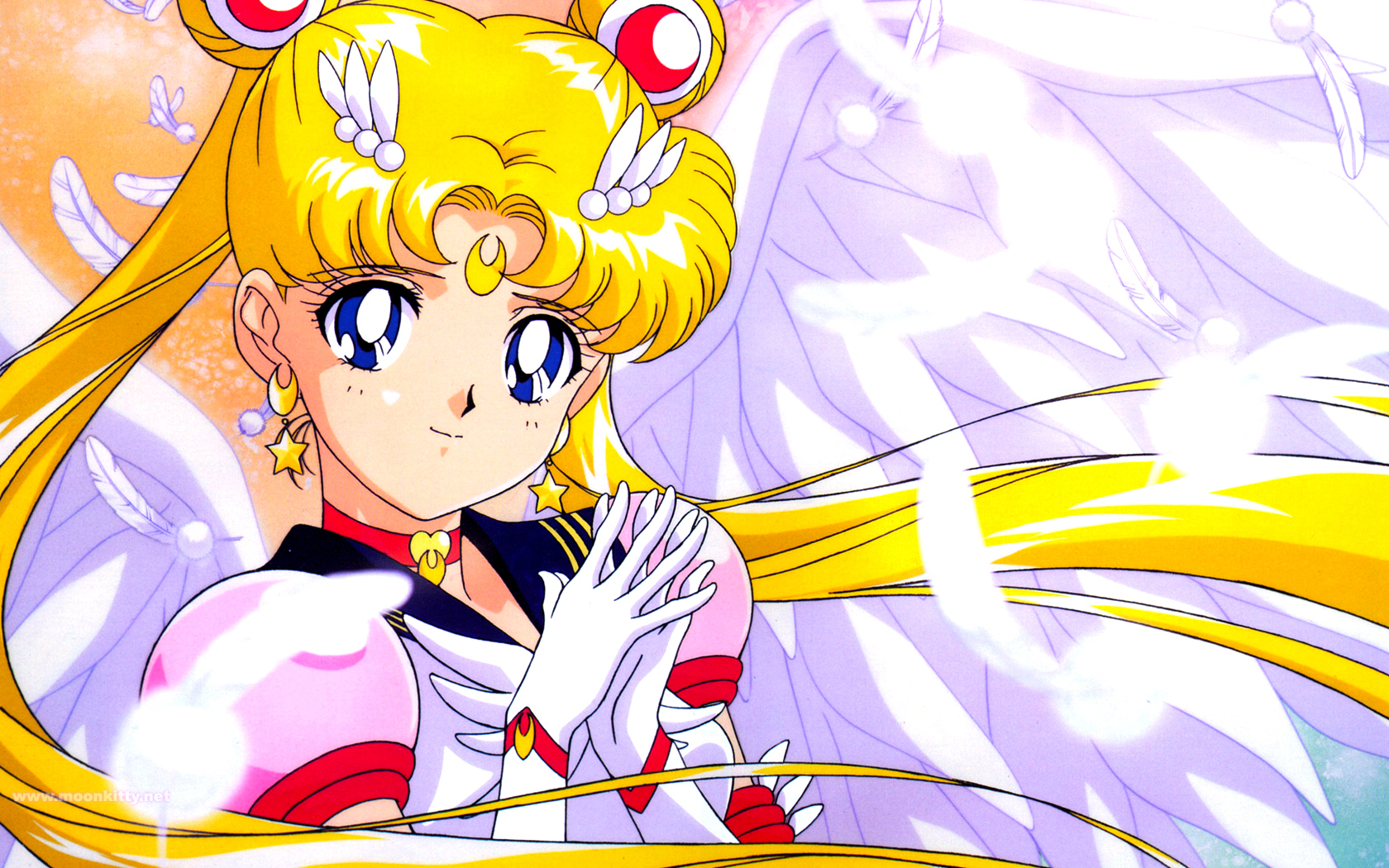 Sailor Moon in her Eternal Sailor Moon form, with long blonde hair, white gloves, and a pink and white dress, against a backdrop of feathers and light