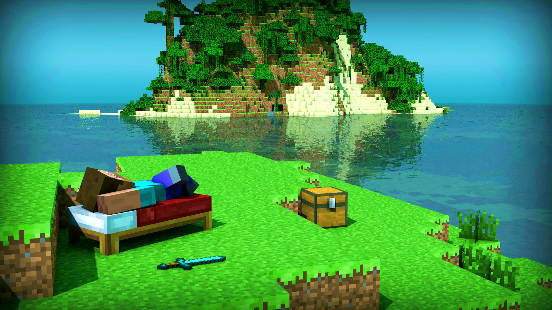 Minecraft character relaxing on a bed next to a treasure chest on a small island, with a larger island visible in the background
