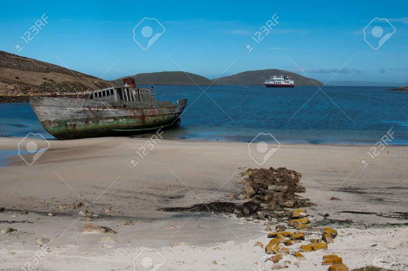 Shipwreck On Antarctic Beach A Derelict Boat Washed Ashore With