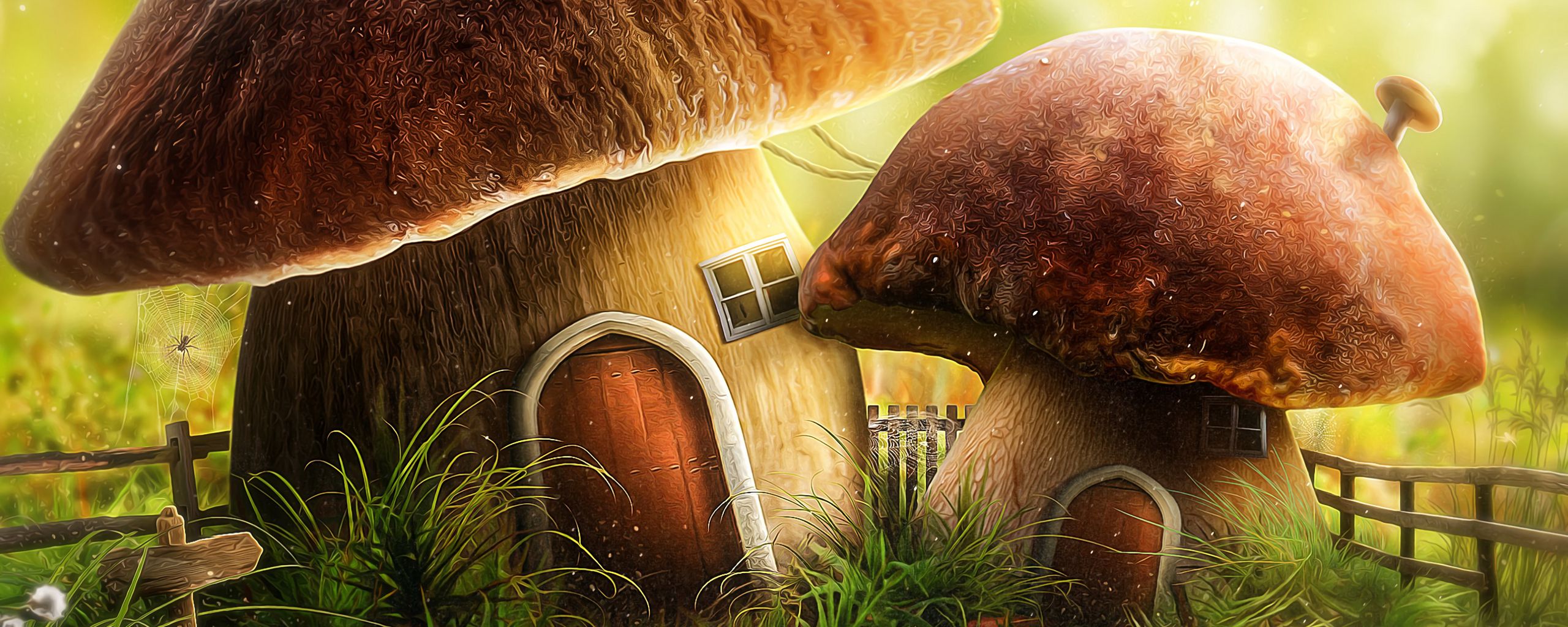 Wallpaper Mushroom House Door Art Ultrawide