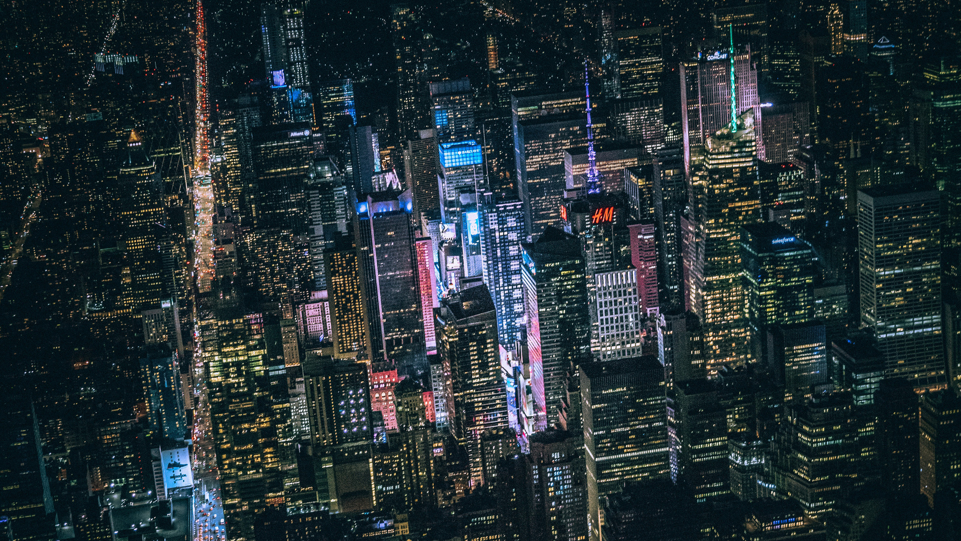 New York Dark City Night Lights Buildings From Top