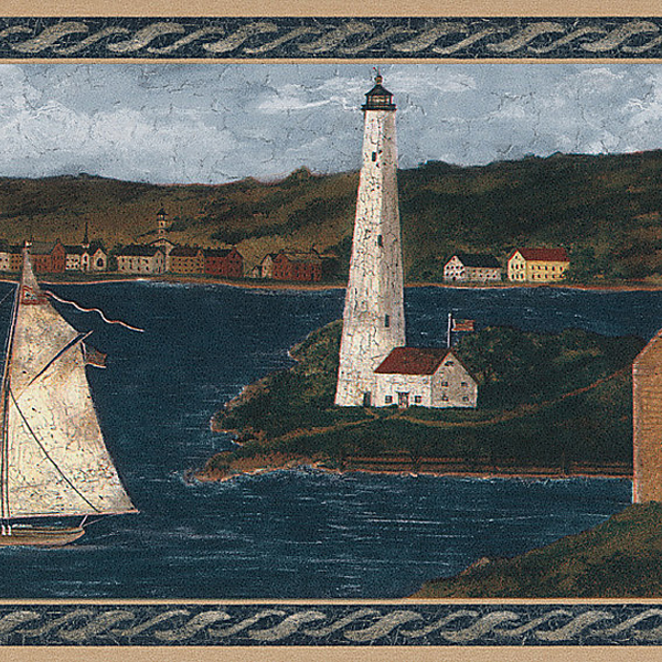 Blue Lighthouse Town Brewster Wallpaper Borders