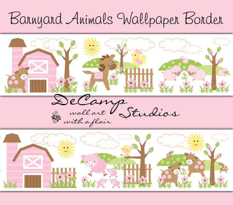 Pink Brown Barnyard Animals Wallpaper Border Wall Decals For Baby Girl