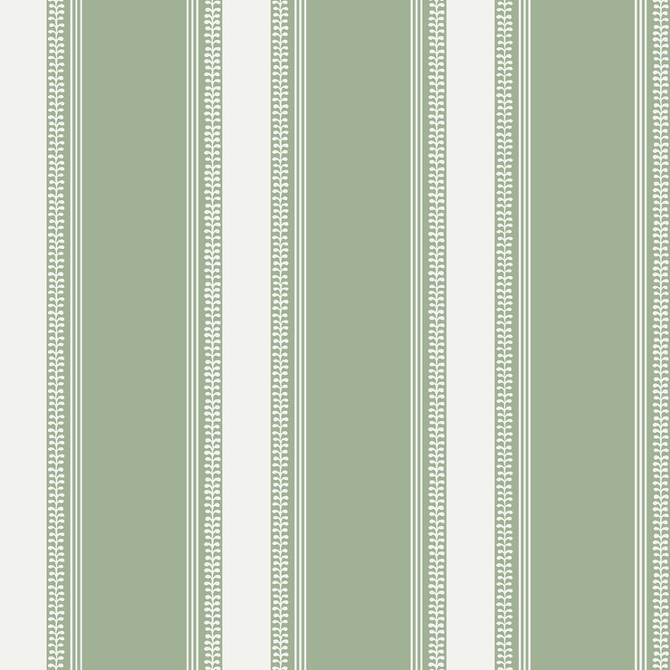 Fern Stripe Sage White Vine Motif Wallpaper