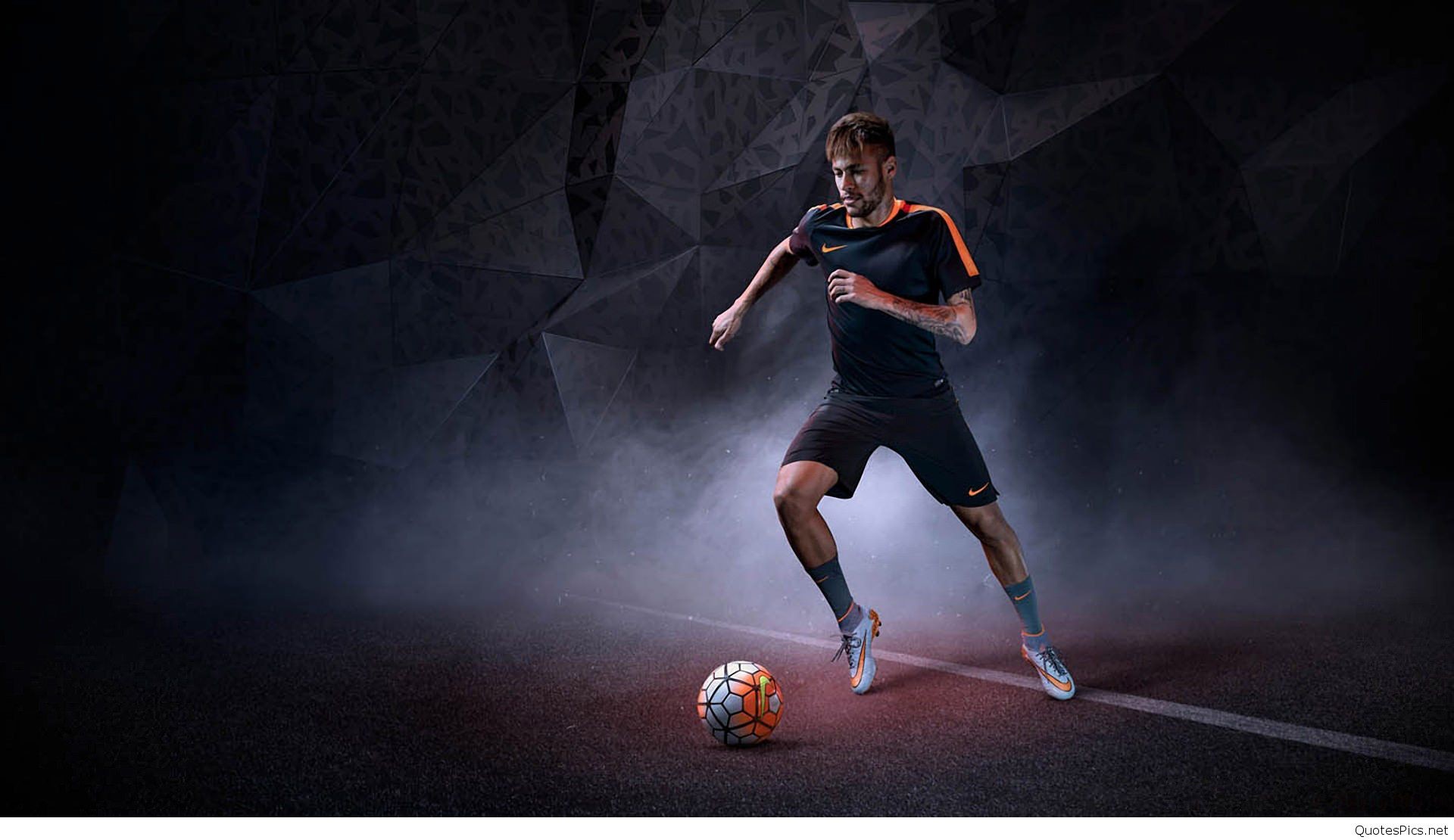 Neymar Jr. dribbling a Nike soccer ball in a dynamic action shot