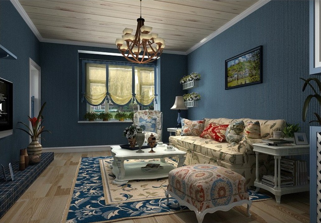 Mediterranean Style Living Room Decoration Panoramic With Gray Blue