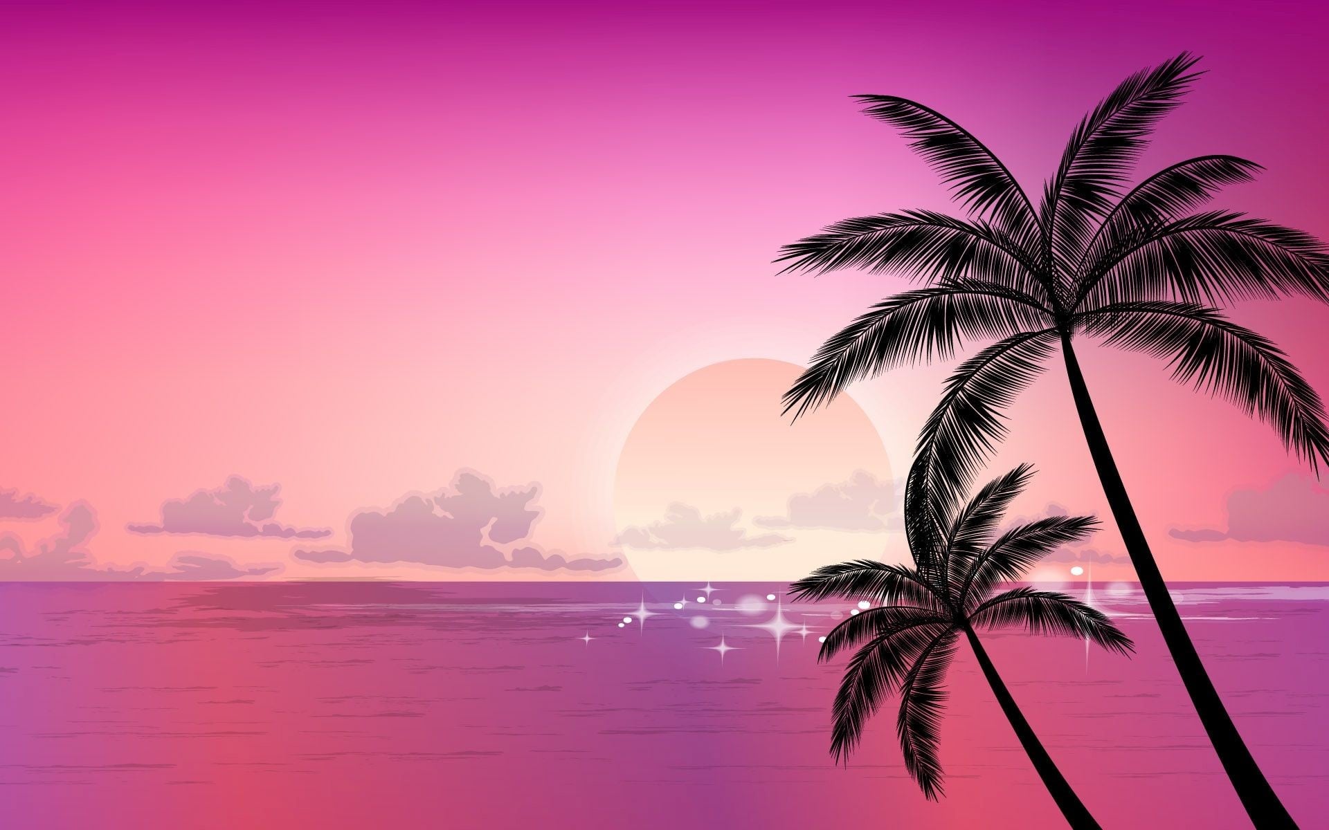 Silhouette of palm trees against a vibrant pink sunset over a tranquil ocean. Perfect for pink-themed designs and backgrounds