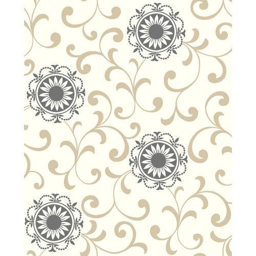 Wallcoverings Ab2175 Black And White Medallion With Scroll Wallpaper